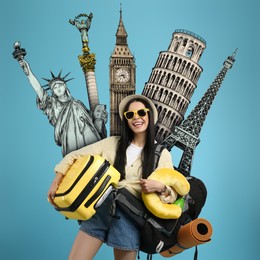 Happy woman with suitcase and travel accessories on light blue background. Illustrations of famous landmarks behind her