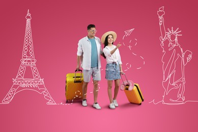 Happy couple with suitcases looking at paper plane on pink background. Illustrations of famous landmarks behind man and woman