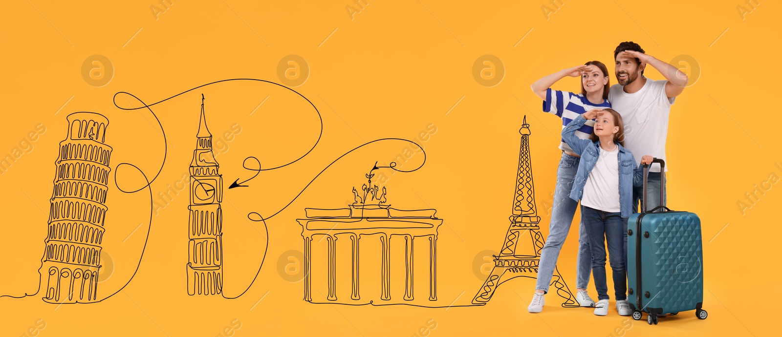 Image of Happy family with suitcase looking at something on orange background. Illustration of famous landmarks behind parents and their child. Banner design