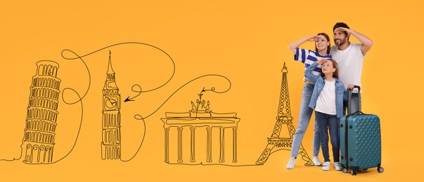 Happy family with suitcase looking at something on orange background. Illustration of famous landmarks behind parents and their child. Banner design