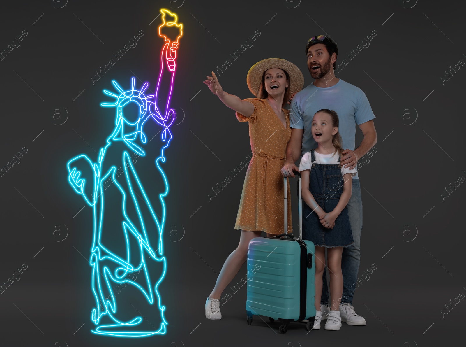 Image of Surprised family looking at neon illustration of Statue of Liberty on dark gray background