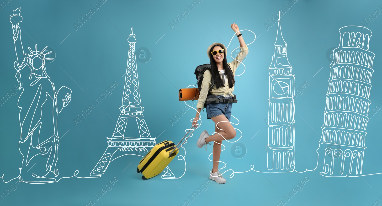 Image of Happy woman with suitcase and travel accessories among illustration of famous landmarks on light blue background. Banner design