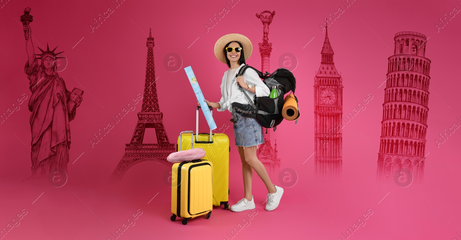 Image of Happy woman with suitcases and travel accessories on pink background. Illustrations of famous landmarks behind her. Banner design