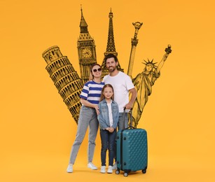 Happy parents and their daughter on orange background. Illustrations of famous landmarks behind family with suitcase