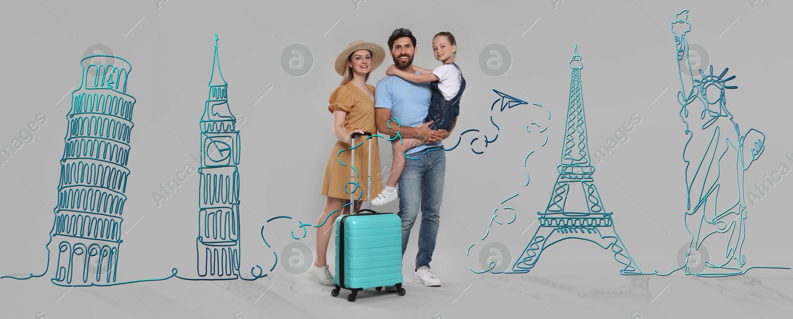 Image of Happy family with suitcase among illustration of famous landmarks on gray background. Banner design