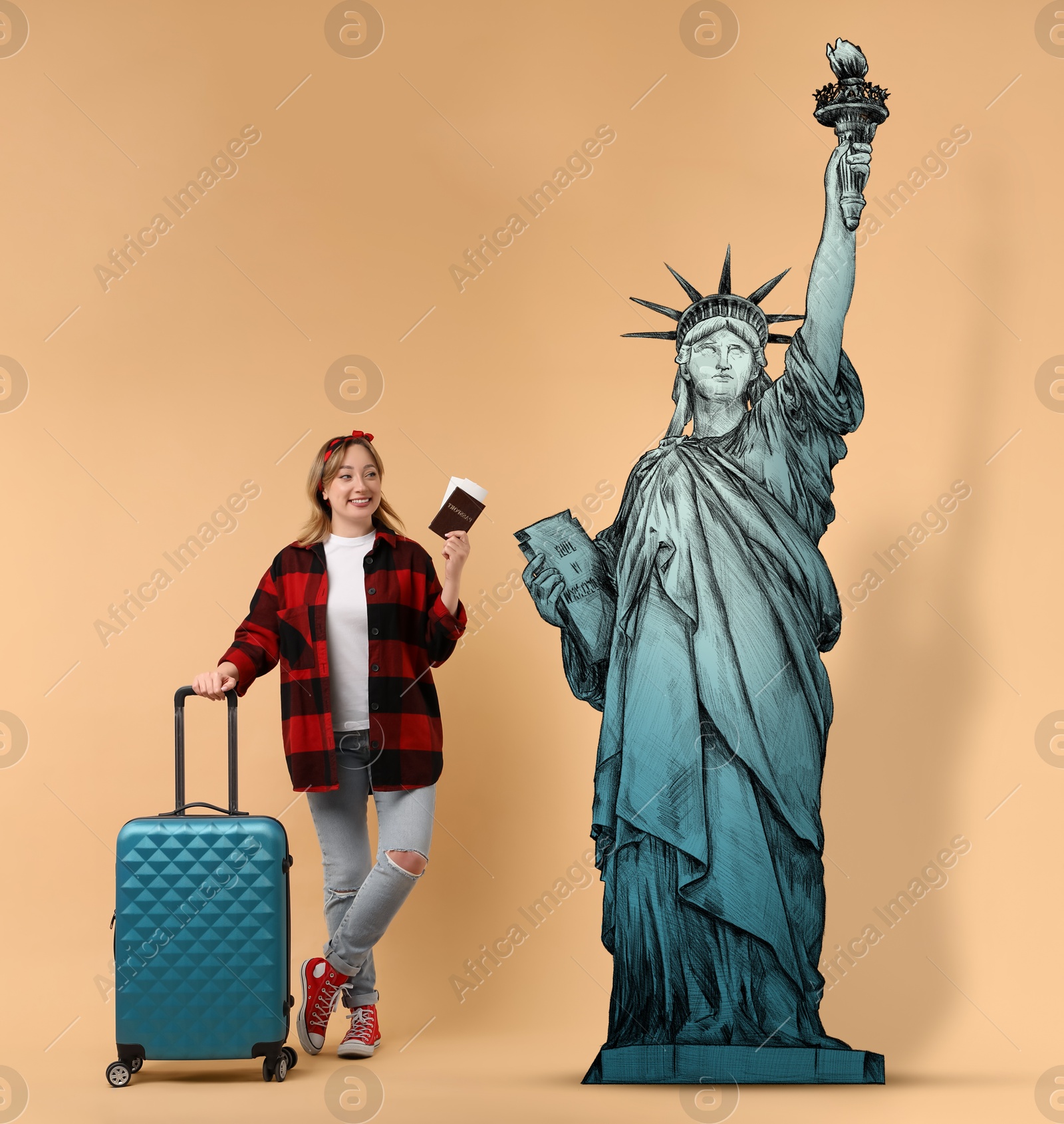 Image of Happy young woman with suitcase, passport and tickets looking at Statue of Liberty on beige background. Illustration of famous landmark