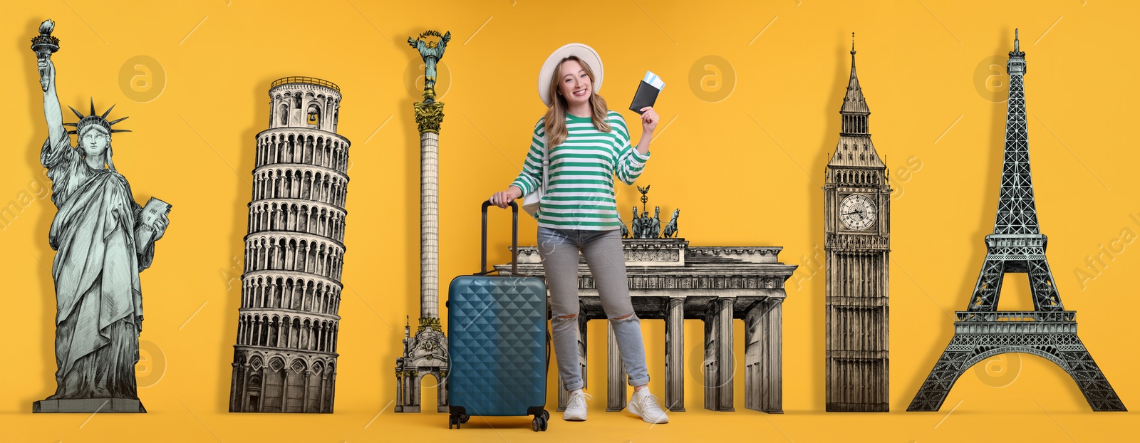 Image of Happy young woman with suitcase, passport and tickets on orange background. Illustrations of famous landmarks behind her. Banner design