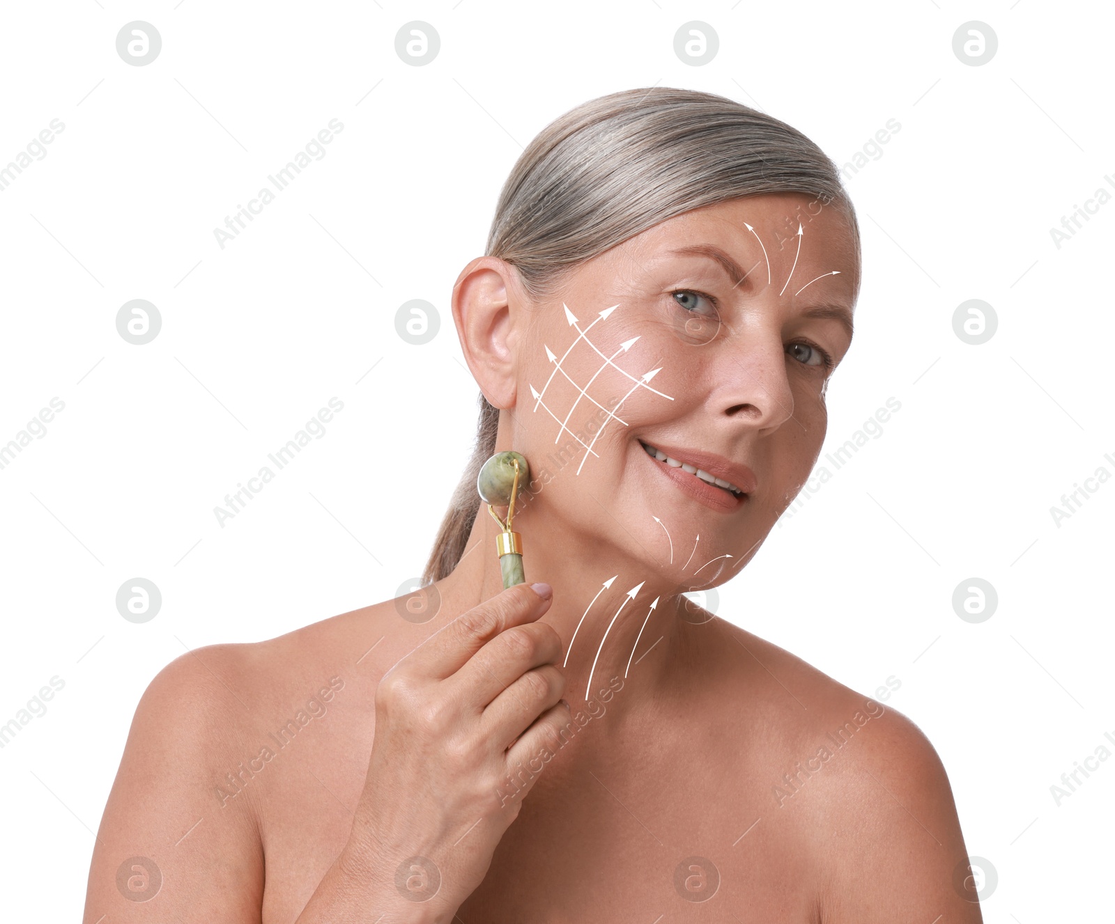 Image of Beautiful woman doing facial massage with roller on white background. Arrows on skin showing direction of moves