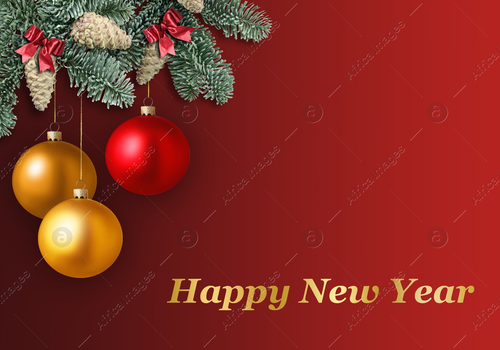 Image of Happy New Year wish and fir tree branches with Christmas balls on red background