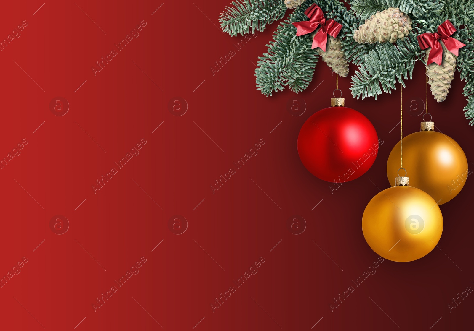 Image of Fir tree branches with festive balls on red background. New Year and Christmas greeting card design with space for text