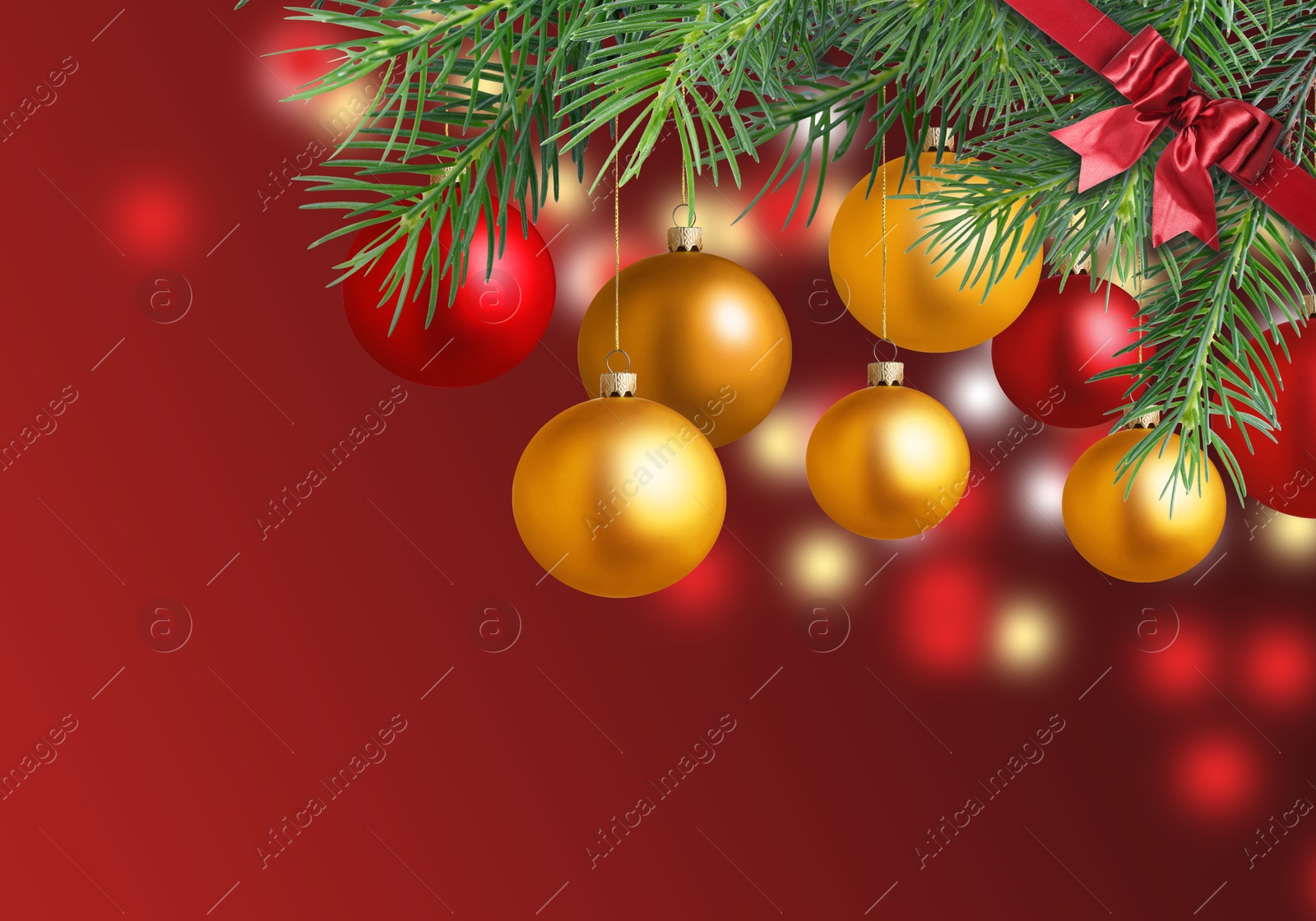 Image of Fir tree branches with festive balls on red background. New Year and Christmas greeting card design with space for text