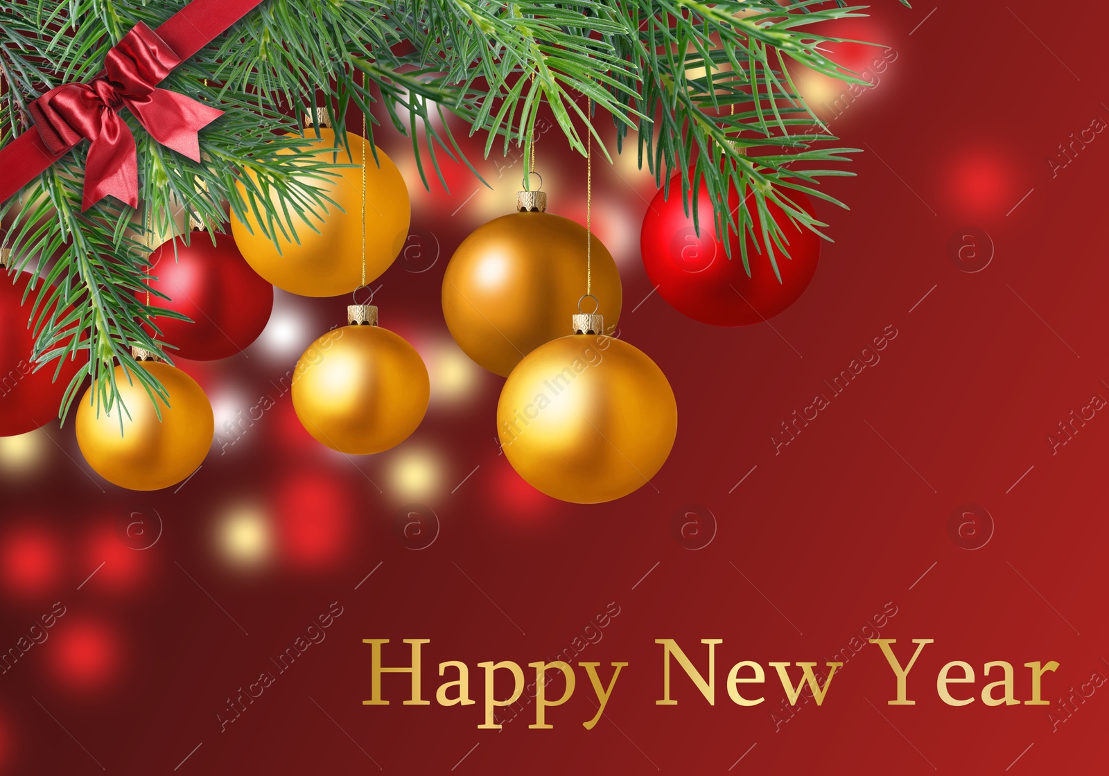 Image of Happy New Year wish and fir tree branches with Christmas balls on red background