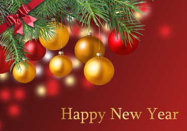 Image of Happy New Year wish and fir tree branches with Christmas balls on red background