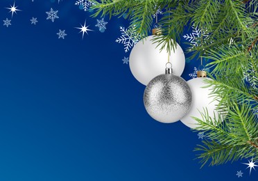 Image of Fir tree branches with festive balls and snowflakes on blue background. New Year and Christmas greeting card design with space for text