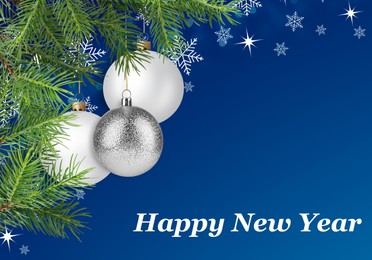 Image of Happy New Year wish and fir tree branches with Christmas balls on blue background