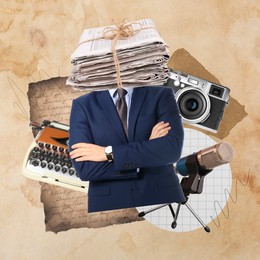 Image of Man with stacked newspapers instead of head as journalist, vintage typewriter, camera and microphone on old paper, creative collage