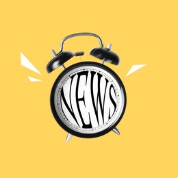 Image of Ringing alarm clock with word News on dial against yellow background. Journalism