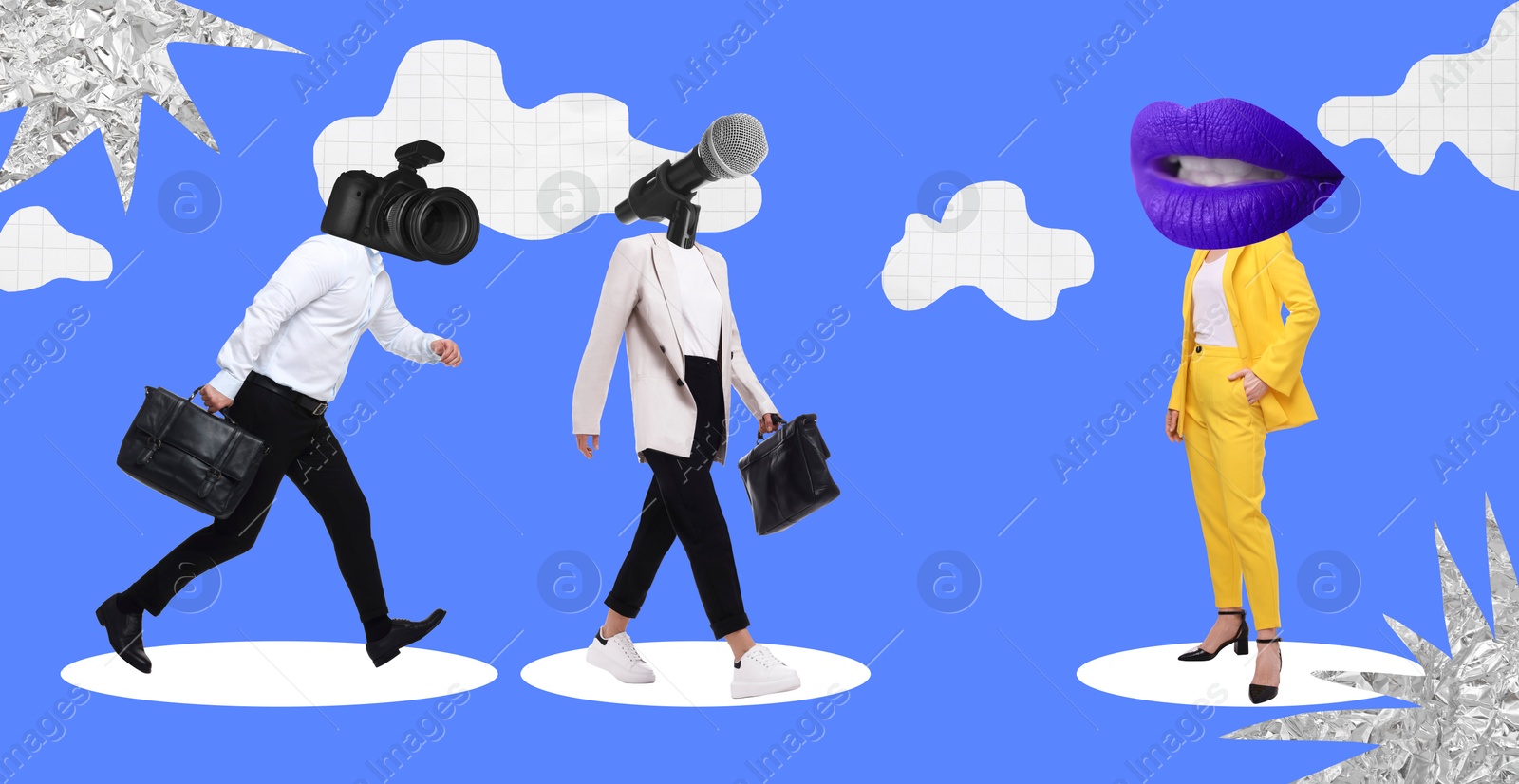 Image of Man and woman with camera and microphone instead of heads as journalists going to celebrity (woman with lips for head), creative collage. Banner design