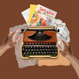 Image of Journalist's hand reaching for vintage typewriter and magazines on brown background, creative collage