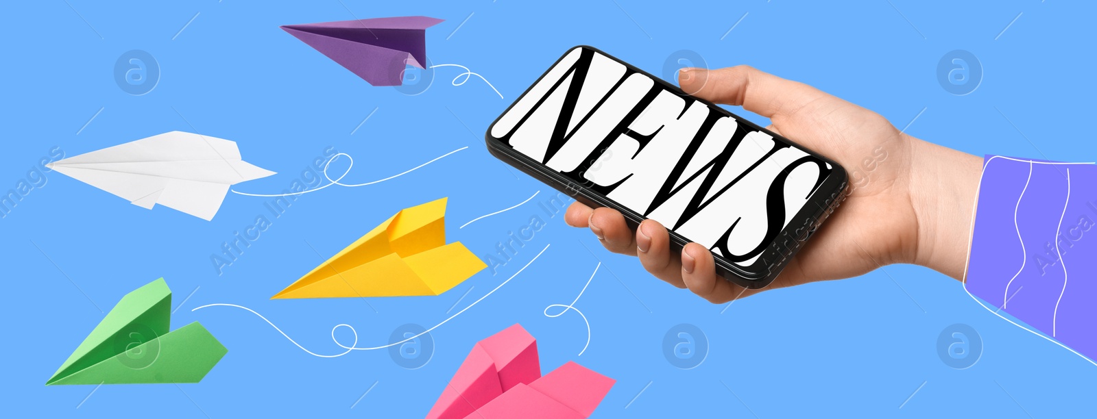 Image of Journalist holding mobile phone with word News on display, paper planes flying away from device as information, creative collage. Banner design