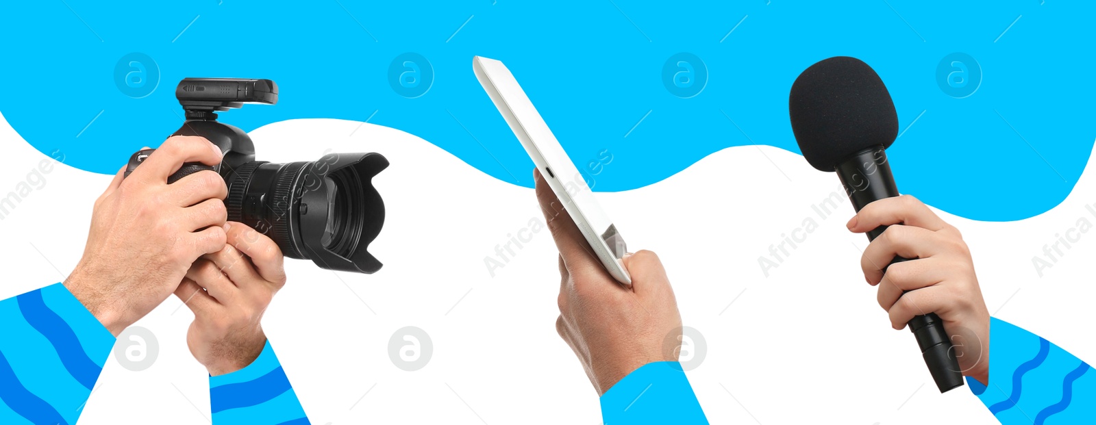 Image of Journalists holding camera, tablet computer and microphone on color background, closeup. Banner design