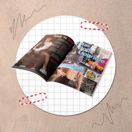 Image of Magazine with articles by journalists on paper, collage