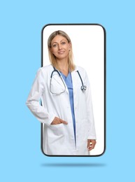 Image of Online doctor standing out of mobile phone screen on light blue background