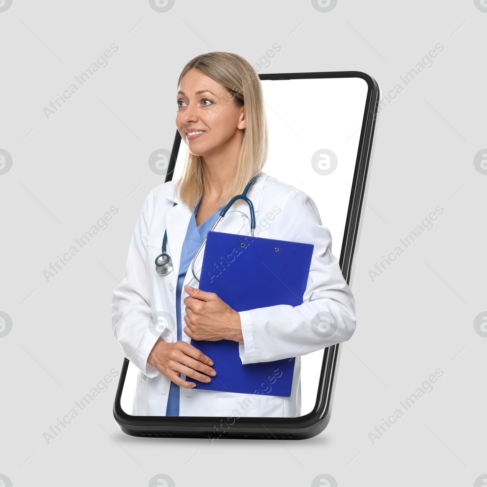 Image of Online doctor standing out of mobile phone screen on light grey background