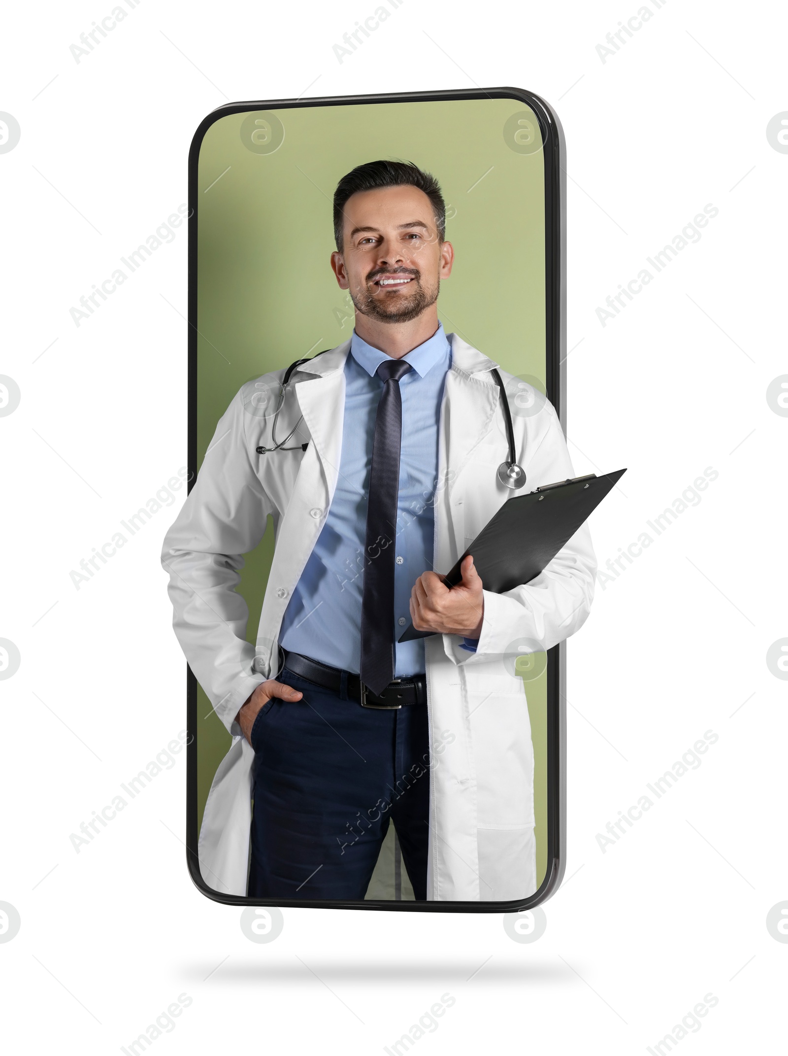 Image of Online doctor standing out of mobile phone screen on white background