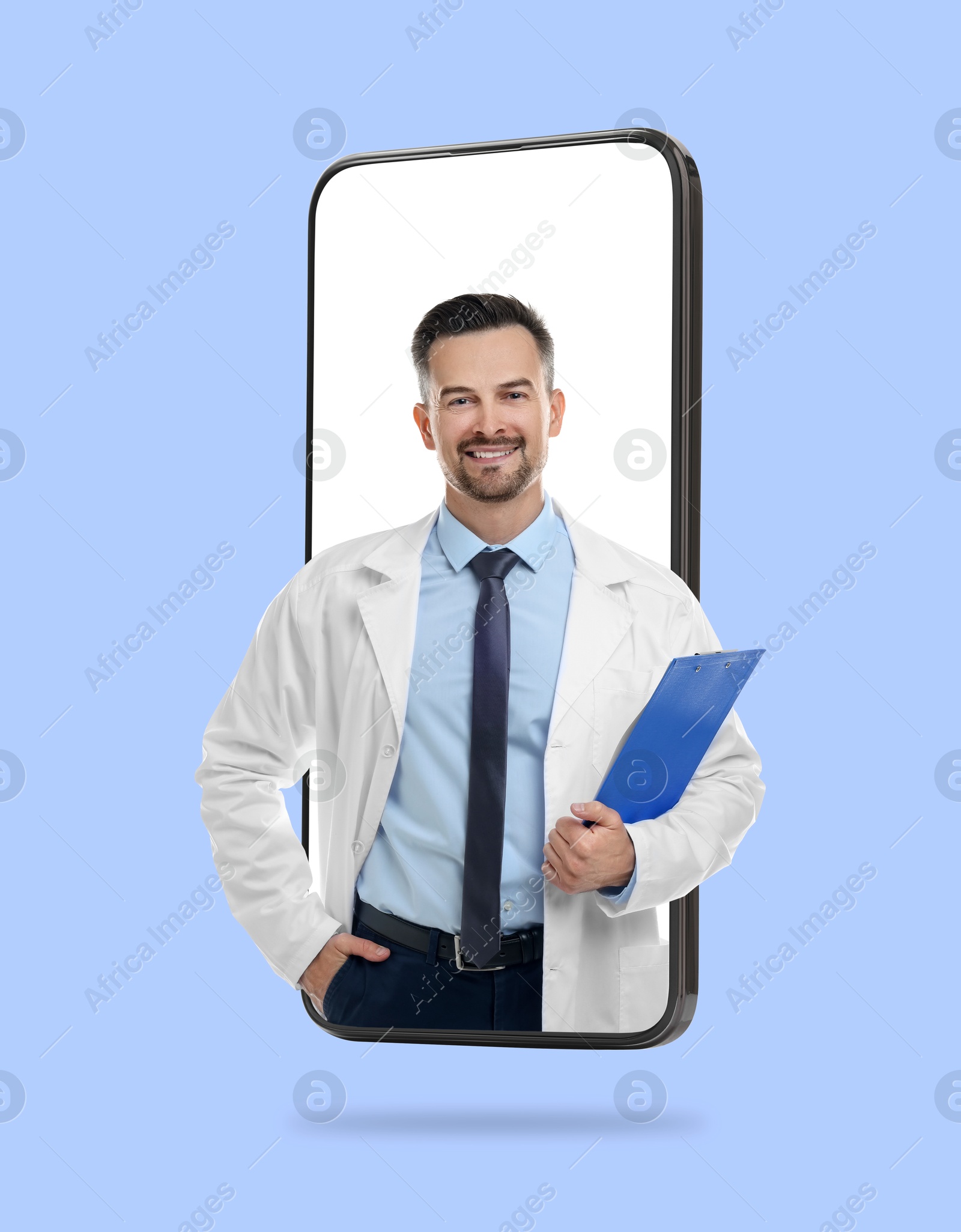 Image of Online doctor standing out of mobile phone screen on light blue background