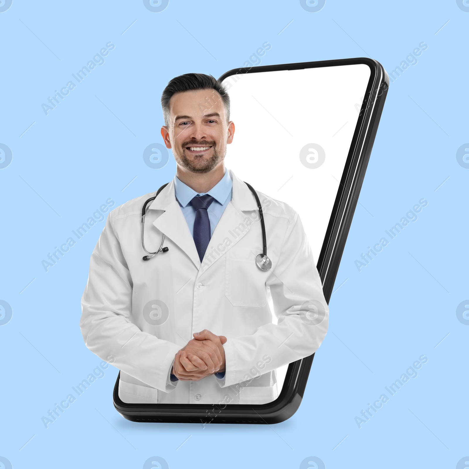 Image of Online doctor standing out of mobile phone screen on light blue background