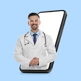 Online doctor standing out of mobile phone screen on light blue background