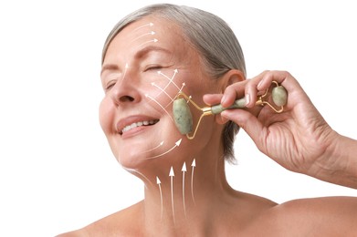 Beautiful woman doing facial massage with roller on white background. Arrows on skin showing direction of moves