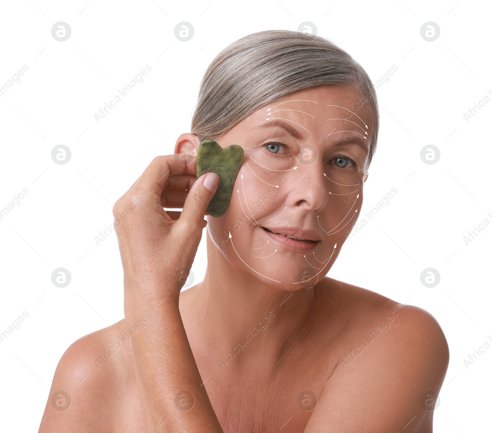 Image of Beautiful woman doing facial massage with gua sha tool on white background. Arrows on skin showing direction of moves