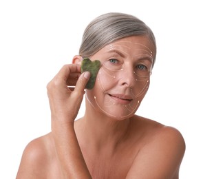 Beautiful woman doing facial massage with gua sha tool on white background. Arrows on skin showing direction of moves