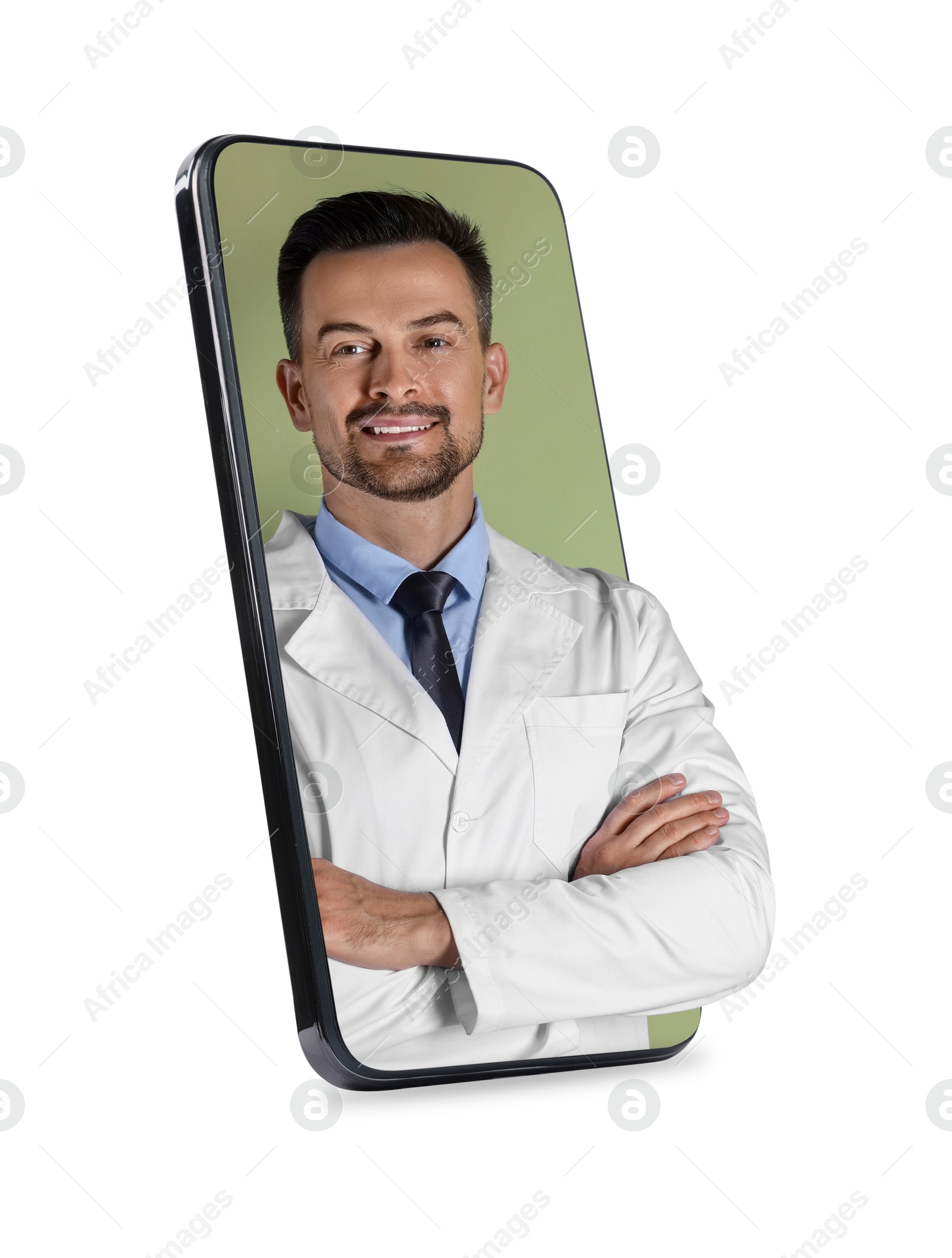 Image of Online doctor standing out of mobile phone screen on white background