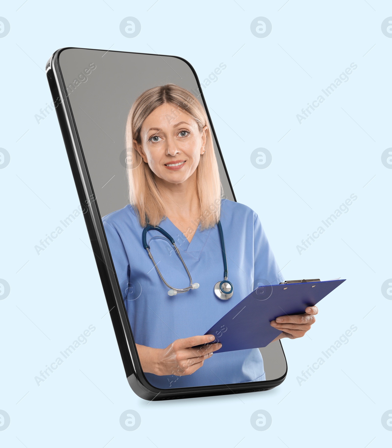 Image of Online doctor standing out of mobile phone screen on light blue background