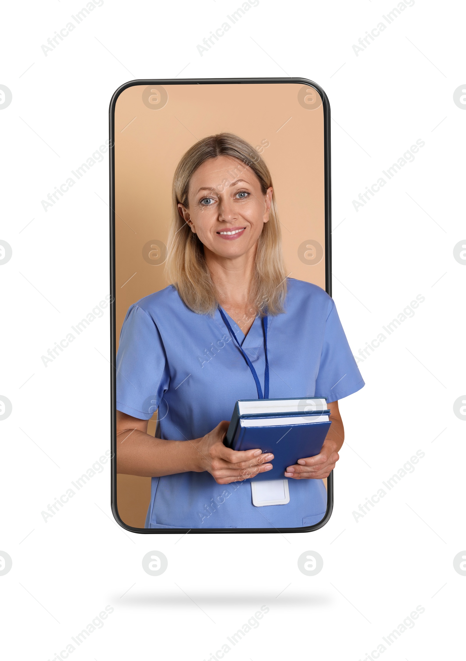 Image of Online doctor standing out of mobile phone screen on white background