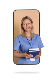 Online doctor standing out of mobile phone screen on white background