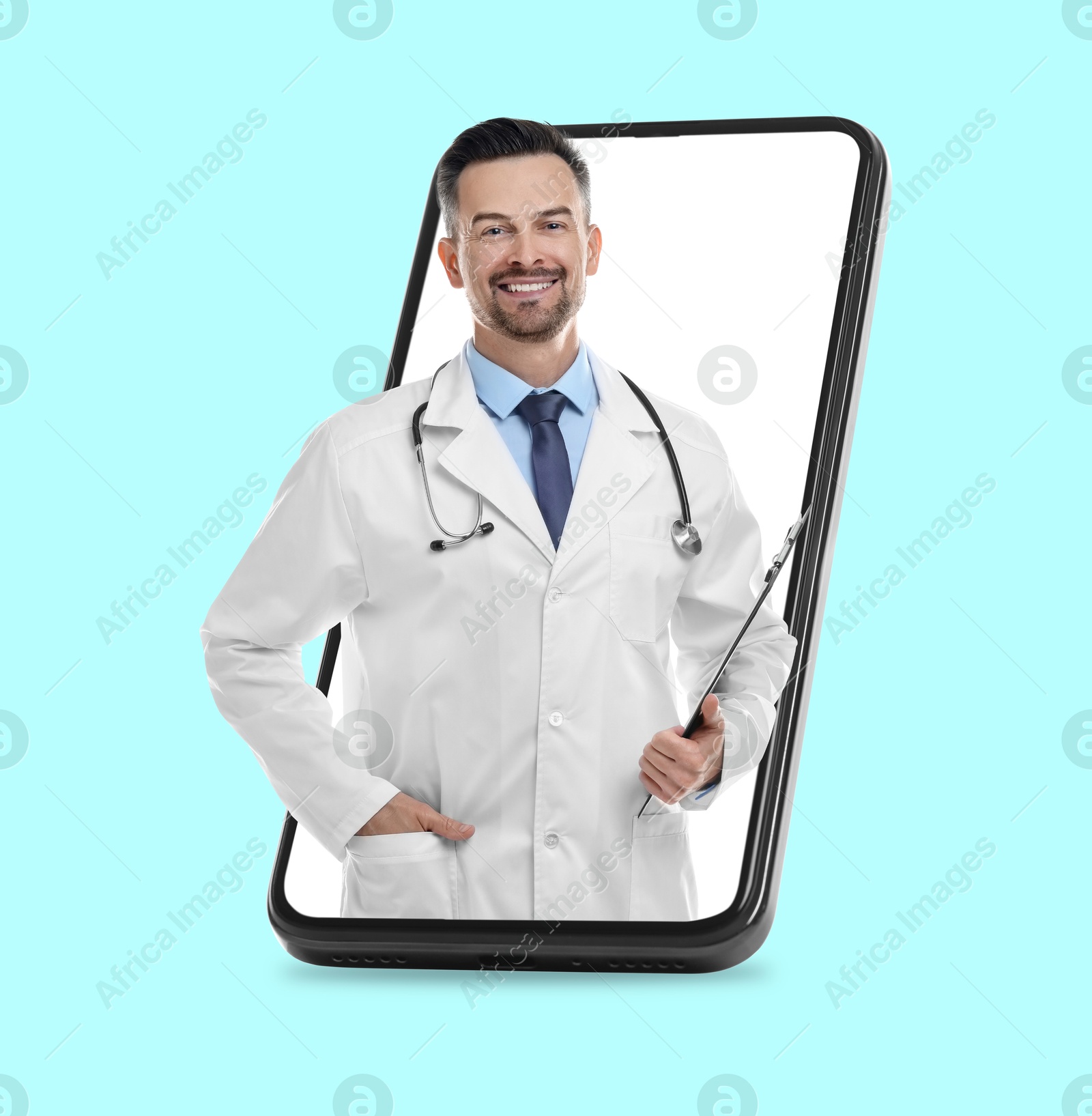 Image of Online doctor standing out of mobile phone screen on turquoise background