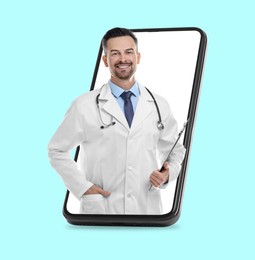 Online doctor standing out of mobile phone screen on turquoise background