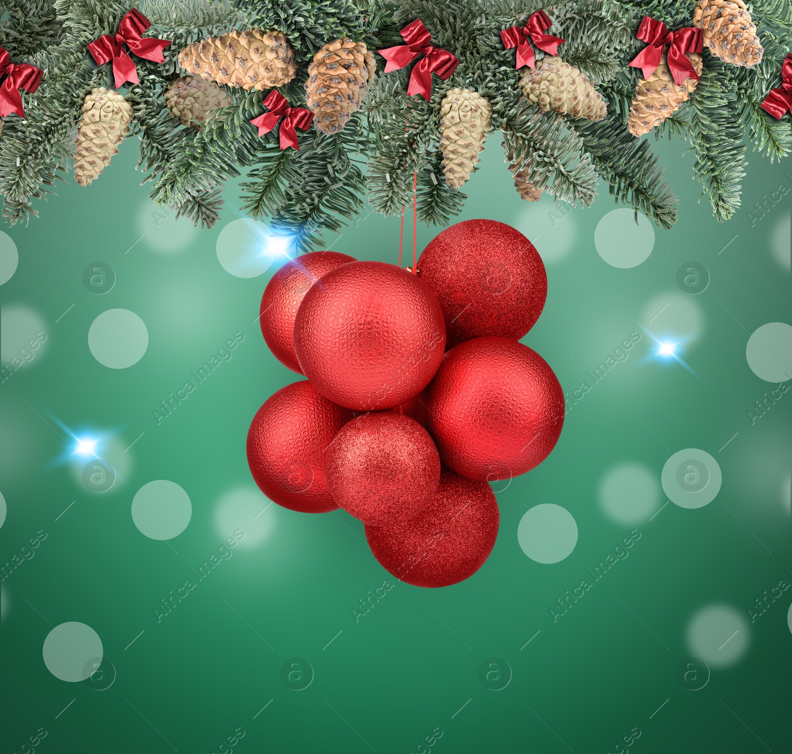 Image of Fir tree branches with festive balls on green background. New Year and Christmas greeting card design