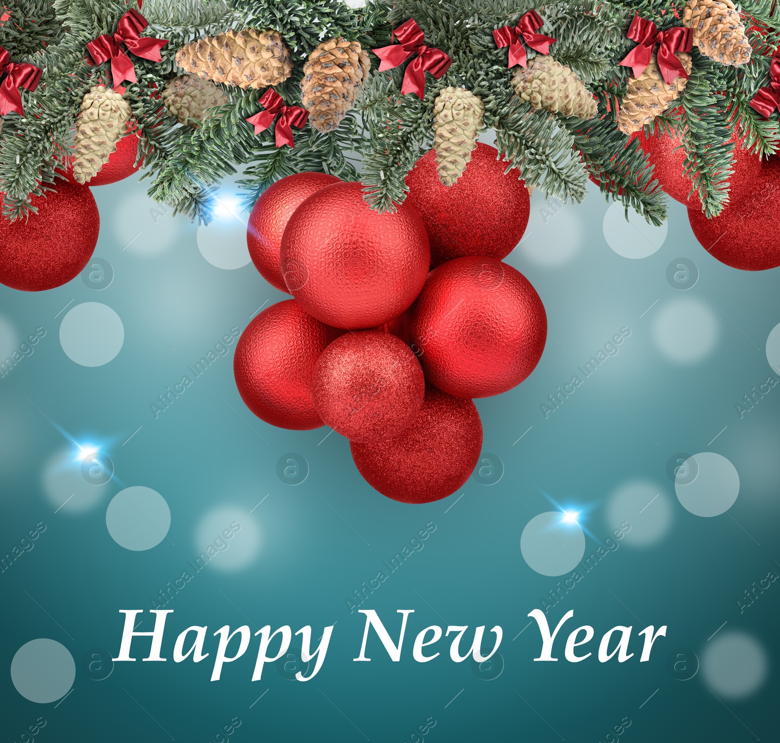 Image of Happy New Year wish and fir tree branches with Christmas balls on light blue background