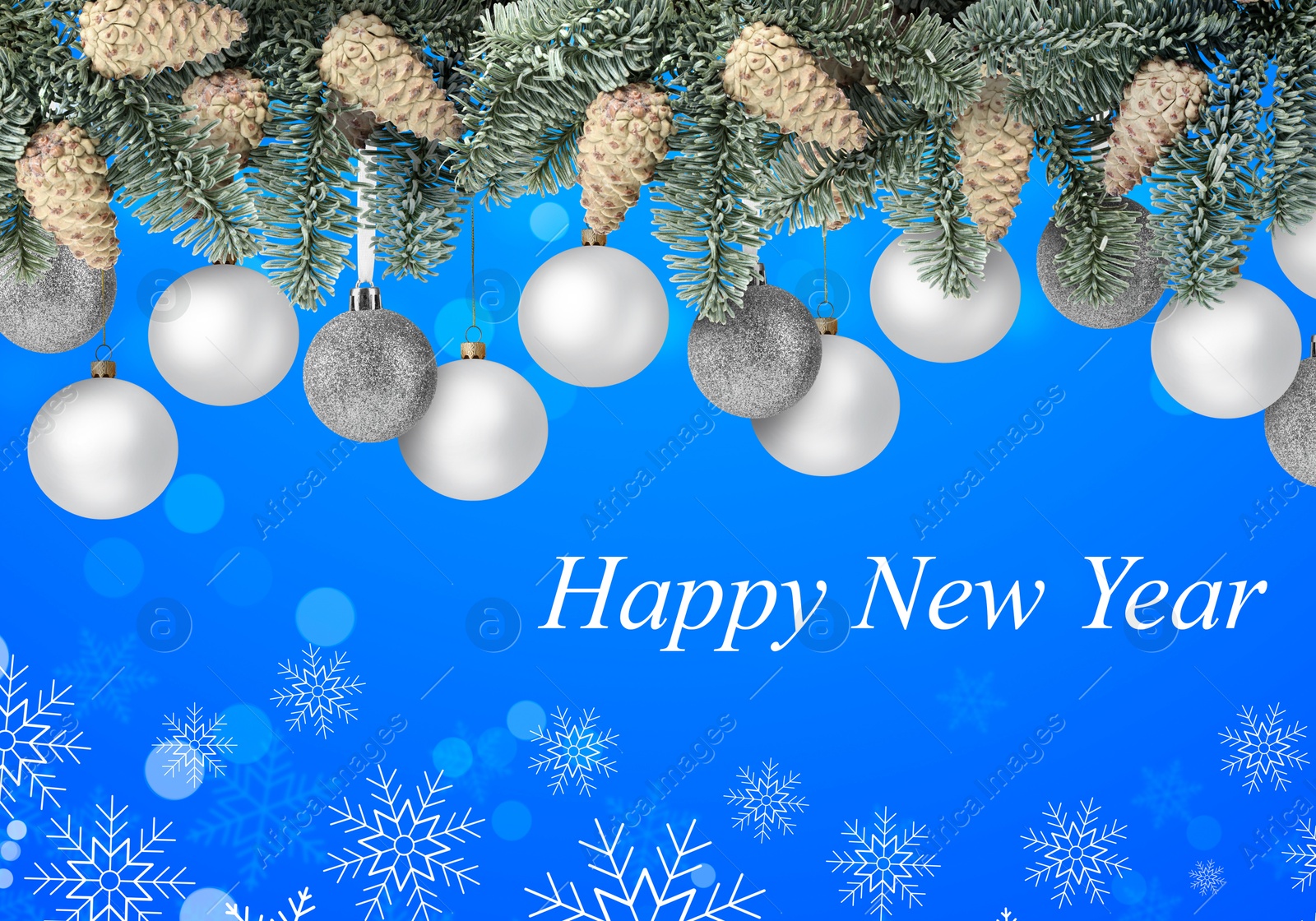 Image of Happy New Year wish, snowflakes and fir tree branches with Christmas balls on light blue background