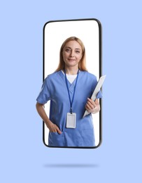 Image of Online doctor standing out of mobile phone screen on light blue background