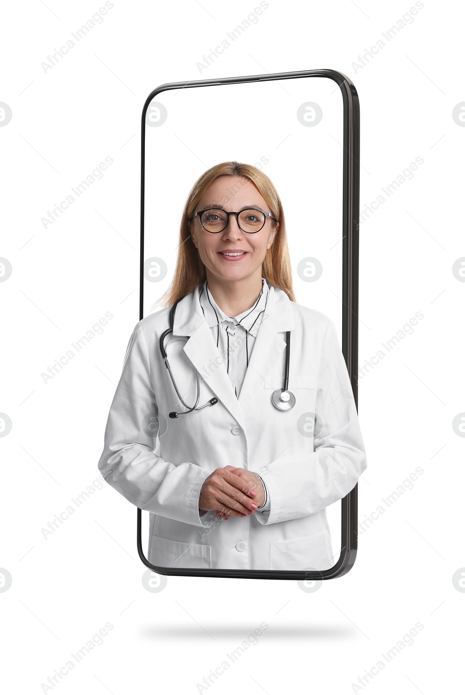 Image of Online doctor standing out of mobile phone screen on white background