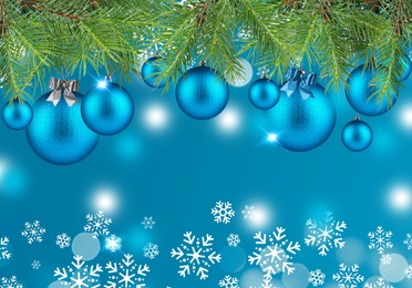 Image of Fir tree branches with festive balls and snowflakes on light blue background. New Year and Christmas greeting card design with space for text