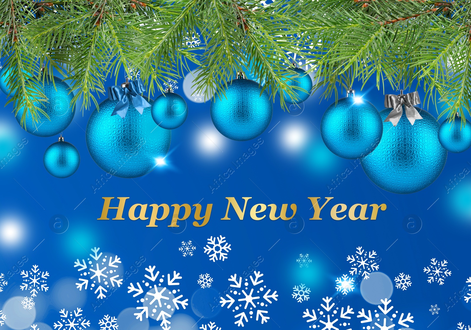 Image of Happy New Year wish, snowflakes and fir tree branches with Christmas balls on blue background