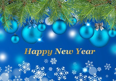 Image of Happy New Year wish, snowflakes and fir tree branches with Christmas balls on blue background