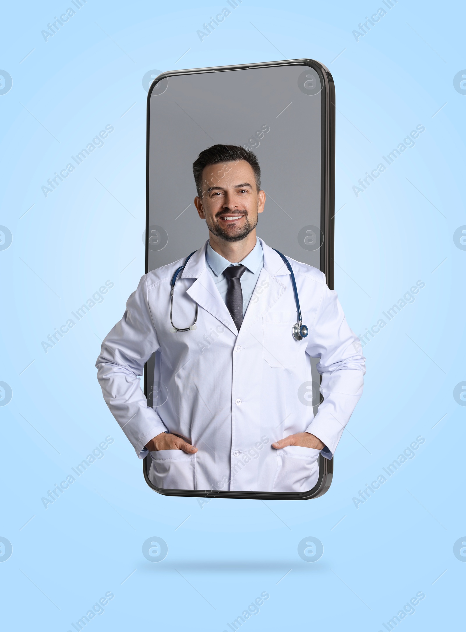 Image of Online doctor standing out of mobile phone screen on light blue background